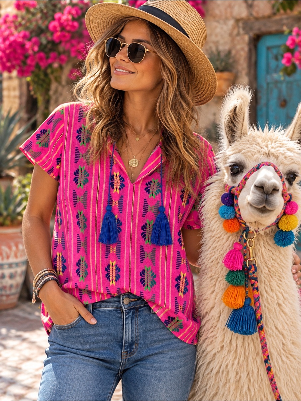 Hot Pink Woven Boho Tassel Blouse Geometric Folk Tunic Top